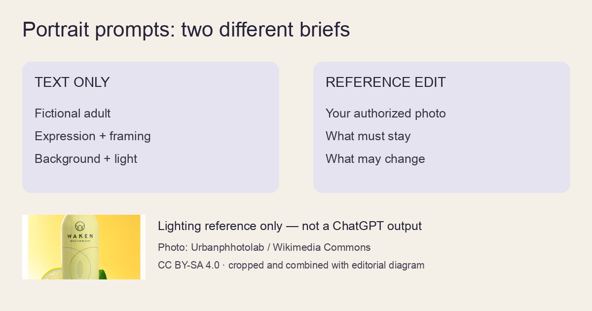 Editorial diagram separating text-only portrait generation from reference-photo editing, with a real lighting reference photo